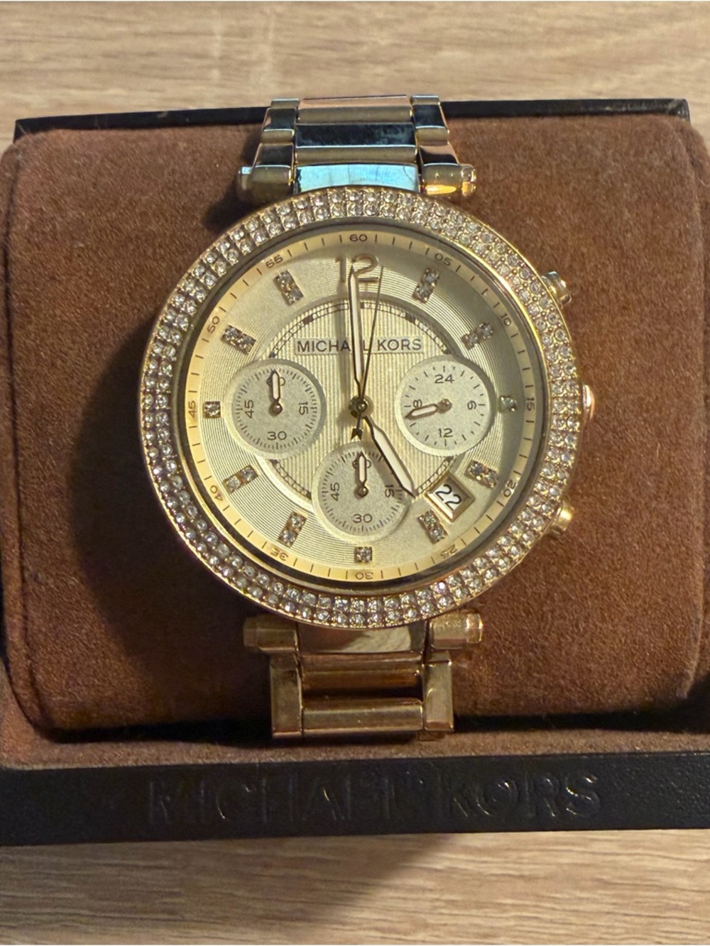 Michael Kors Gold Tone Crystal Bezel Chronograph Watch